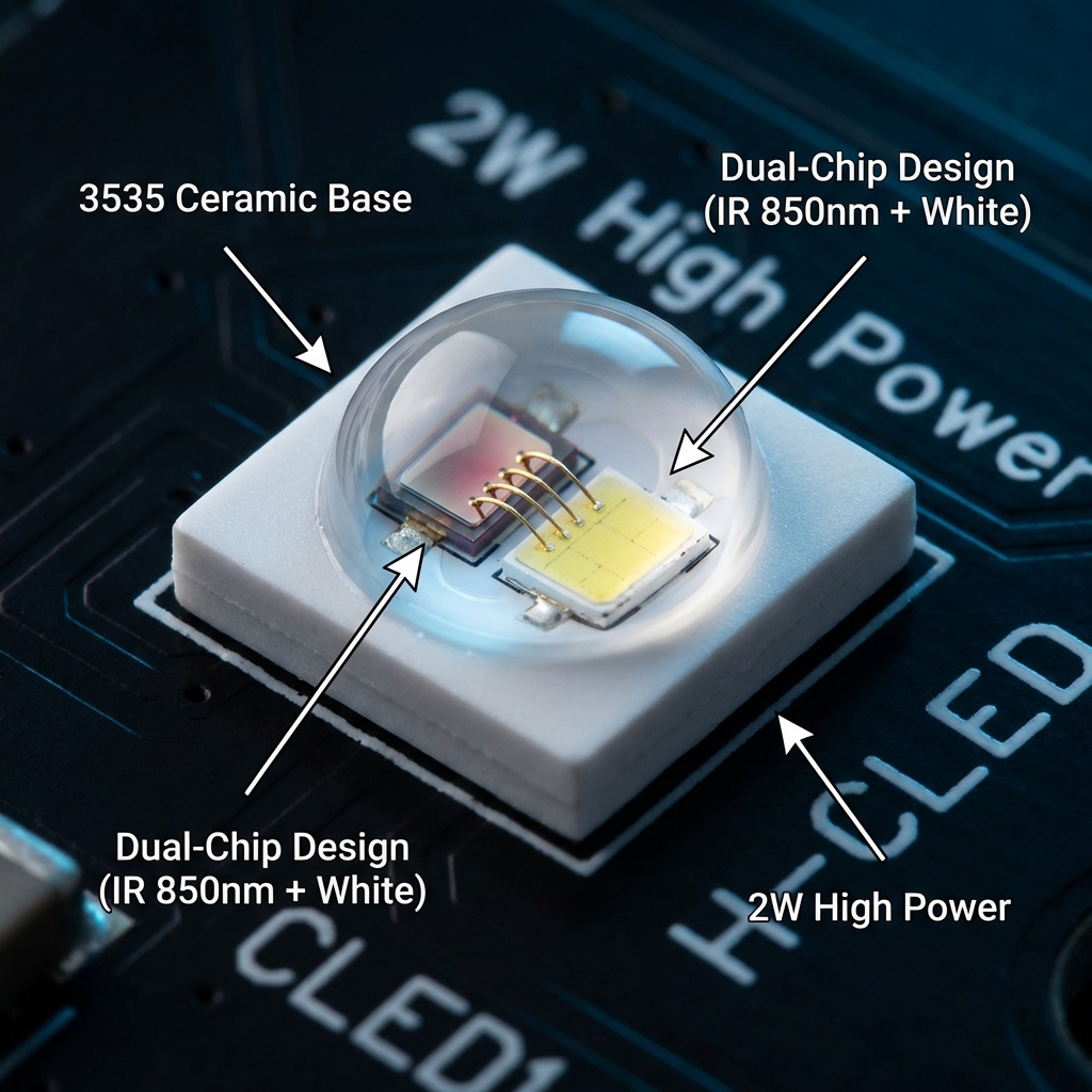 3535陶瓷二合一双光灯珠特写，展示850nm红外芯片与高光效白光芯片集成在3.45×3.45mm陶瓷基板上，金线焊接清晰可见，背景标有‘2W High Power’和‘H-CLED’，强调其作为安防核心器件的先进性。