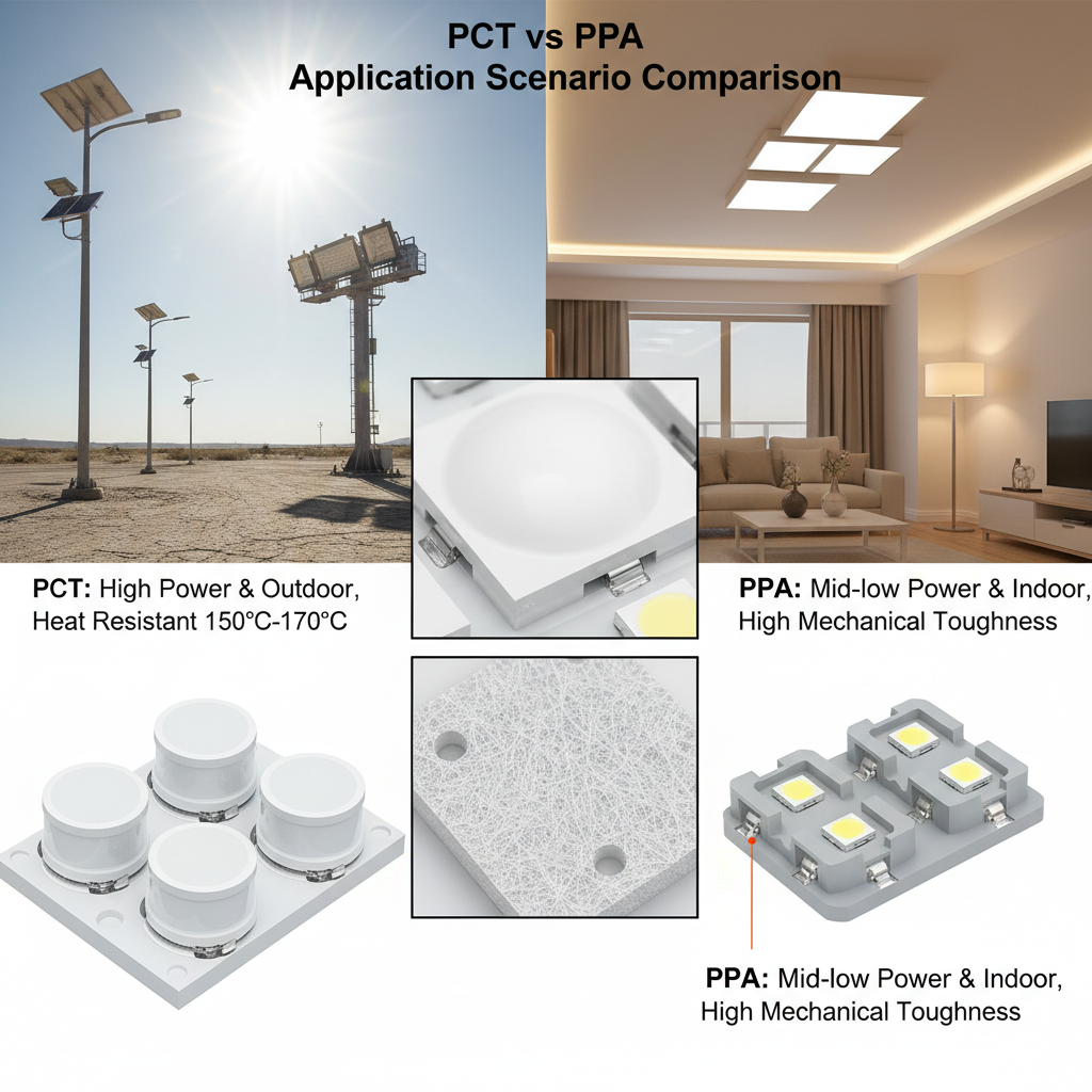 PCT vs PPA 应用场景对比：左侧展示PCT支架在极端户外环境中用于智慧路灯和工矿灯，强调其耐热性；右侧展示PPA支架在温馨室内家居照明中用于吸顶灯和LED灯带，突出其机械韧性高。图片中间是两颗2835或5050 LED灯珠微距特写，展示支架细节质感。