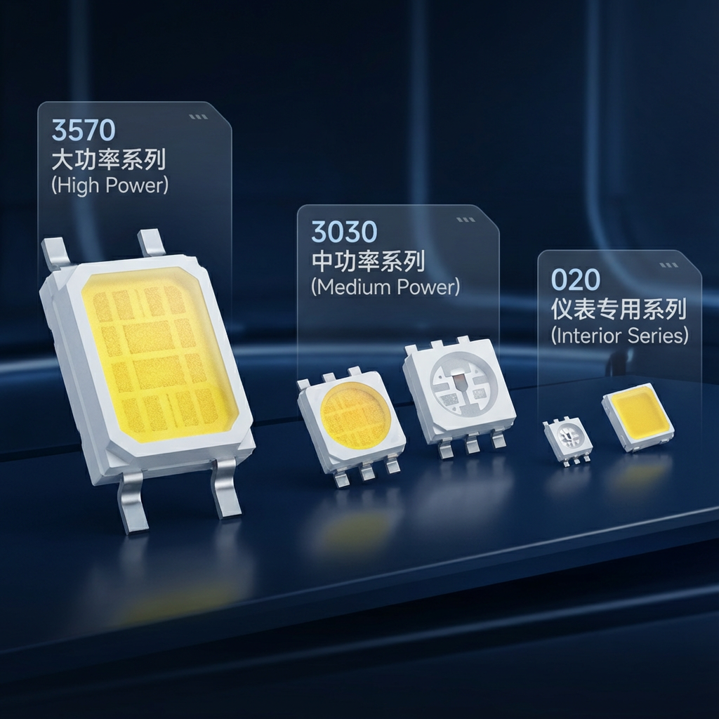 展示汽车LED灯珠全系列，包括大功率3570、中功率3030以及仪表专用020，突出其尺寸与应用场景。