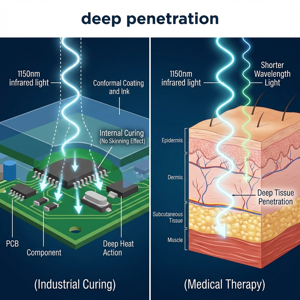 1150nm红外波长在工业固化和医疗理疗中的深层穿透特性图，强调其精准作用于材料内部和生物深层组织。