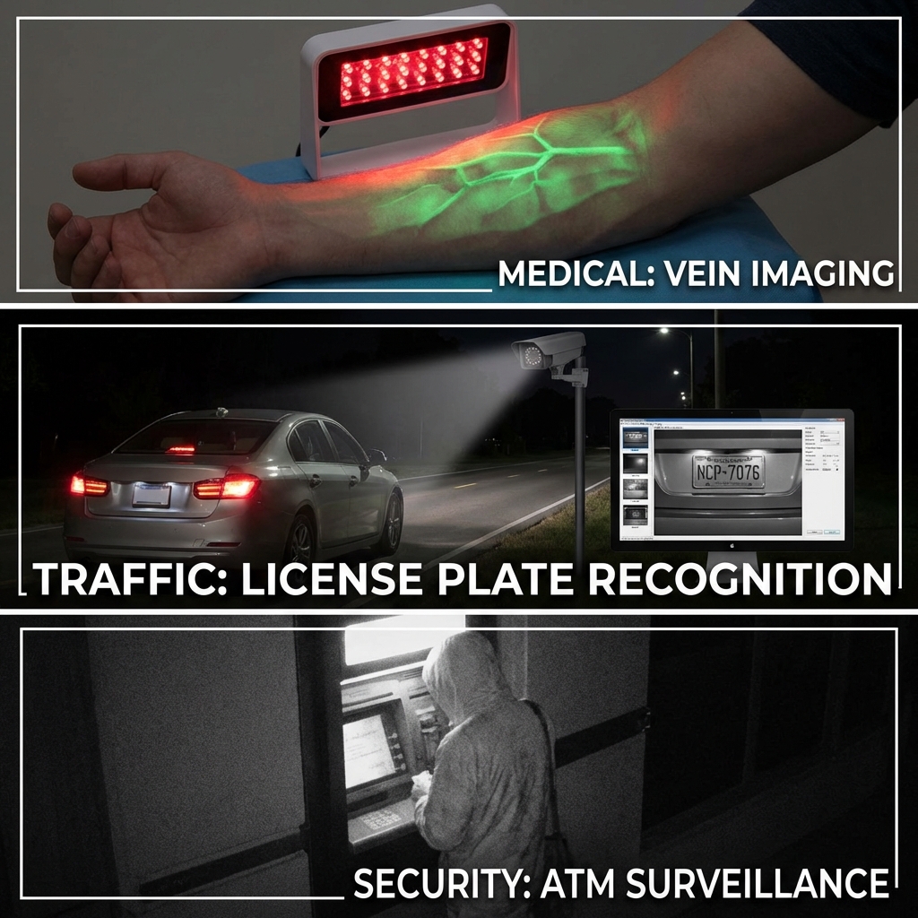 3535陶瓷红外940nm灯珠多场景应用图，包括医疗静脉显像、智能交通车牌识别和银行ATM监控。