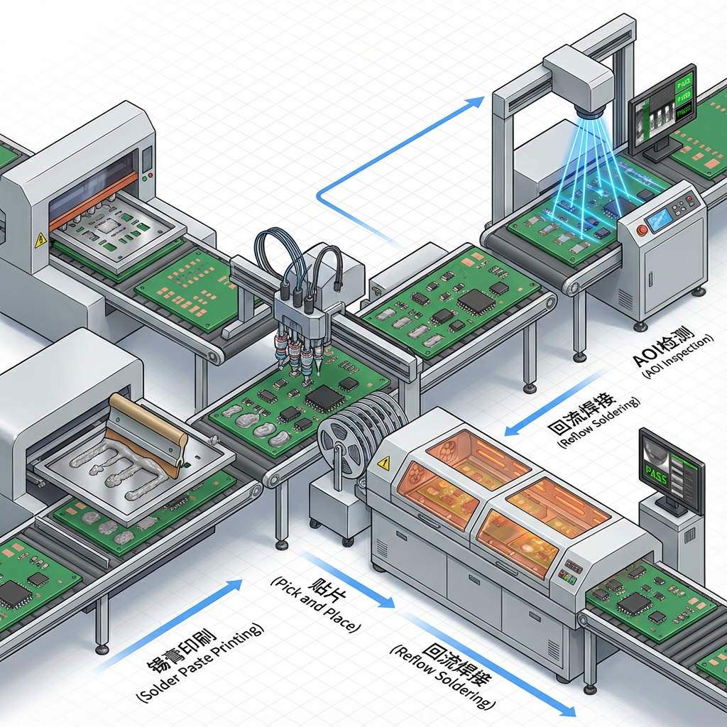 一个精细的3D等距视角SMT工艺流程图，展示了锡膏印刷、贴片、回流焊接和AOI光学检测四个阶段。流程从左到右，详细呈现了锡膏如何通过钢网印刷到PCB、贴片机如何精准放置元件、PCB进入回流焊炉以及AOI检测焊点的情景。
