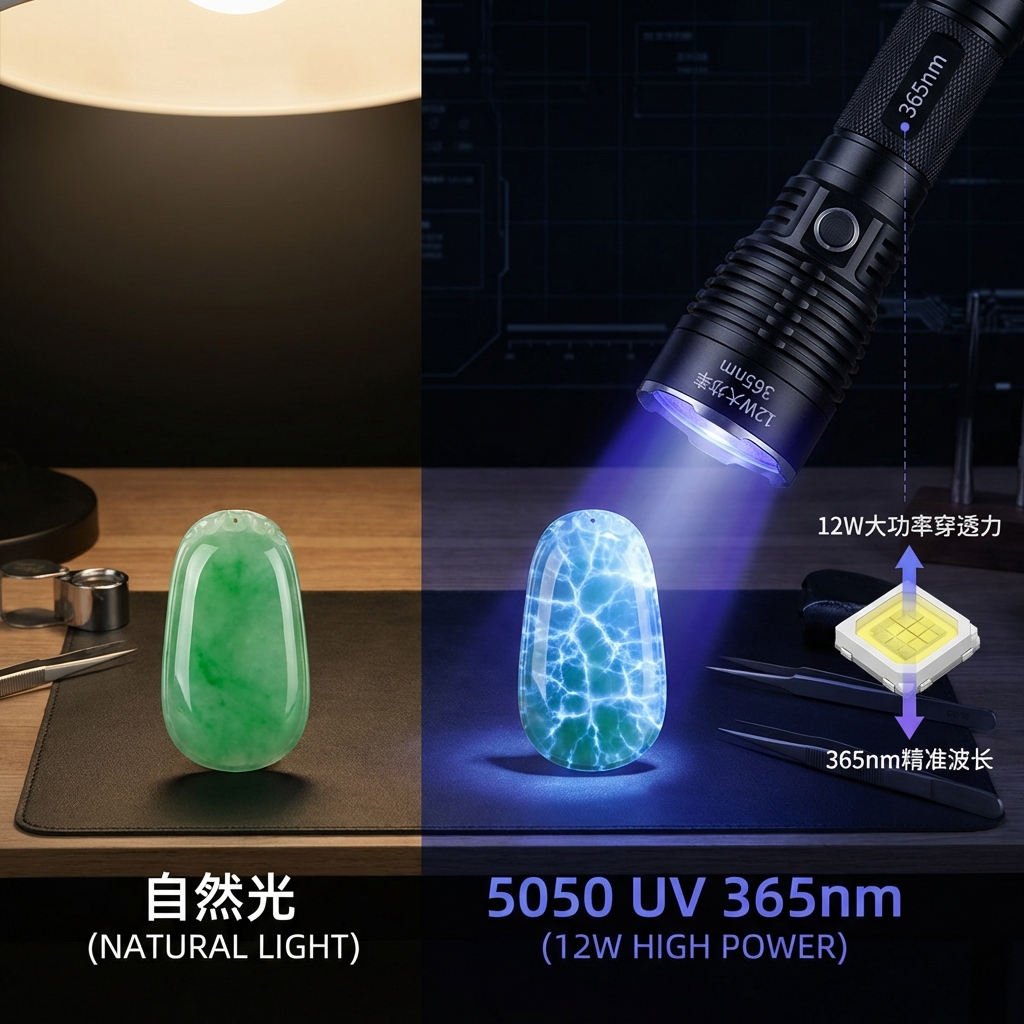 高质量的对比示意图，展示翡翠在普通光线与5050紫外365nm 12W高功率灯珠照射下的不同表现。画面左侧是自然光下的翡翠挂件，看起来通透无暇；右侧是同一块翡翠在12W大功率365nm紫光灯照射下的场景，清晰地暴露出内部蜘蛛网状的蓝白色荧光反应（注胶迹象）。背景是一个专业的珠宝鉴定台，旁边放置着一颗放大的5050 LED灯珠模型，并带有文字标注：'12W大功率穿透力' (12W High Power Penetration) 和 '365nm精准波长' (365nm Precise Wavelength)。整体色调专业且具有科技感，采用横向构图，光影对比强烈，突显大功率光源在深层检测中的核心优势。