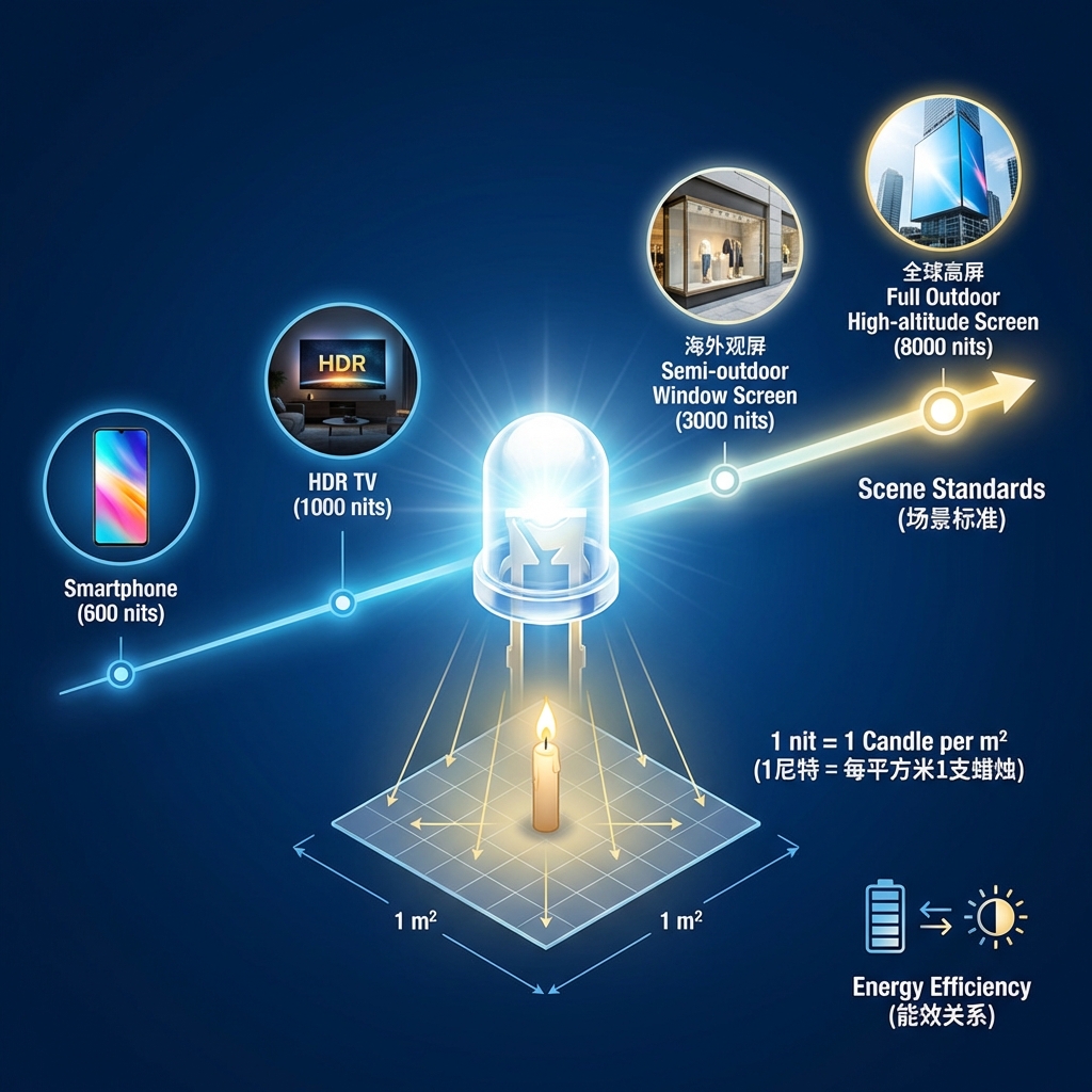 LED显示屏亮度单位与场景标准图解:从1尼特物理定义到不同应用场景亮度需求