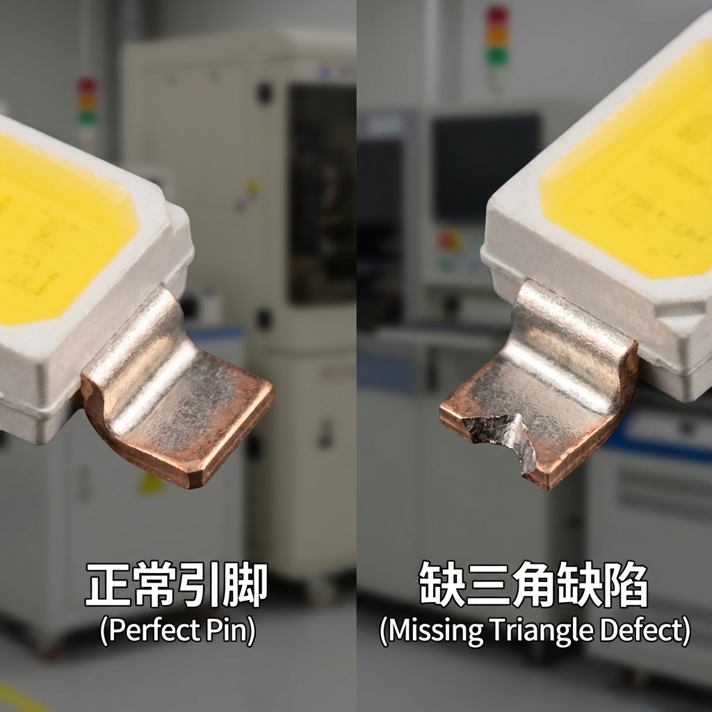 LED灯珠引脚缺三角缺陷对比图:展示正常引脚与缺角引脚的宏观细节,强调高精度冲压工艺与材料质量的重要性。