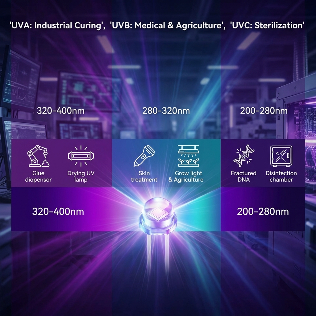 UVLED全频谱示意图,展示UVA、UVB、UVC波段特性与应用。