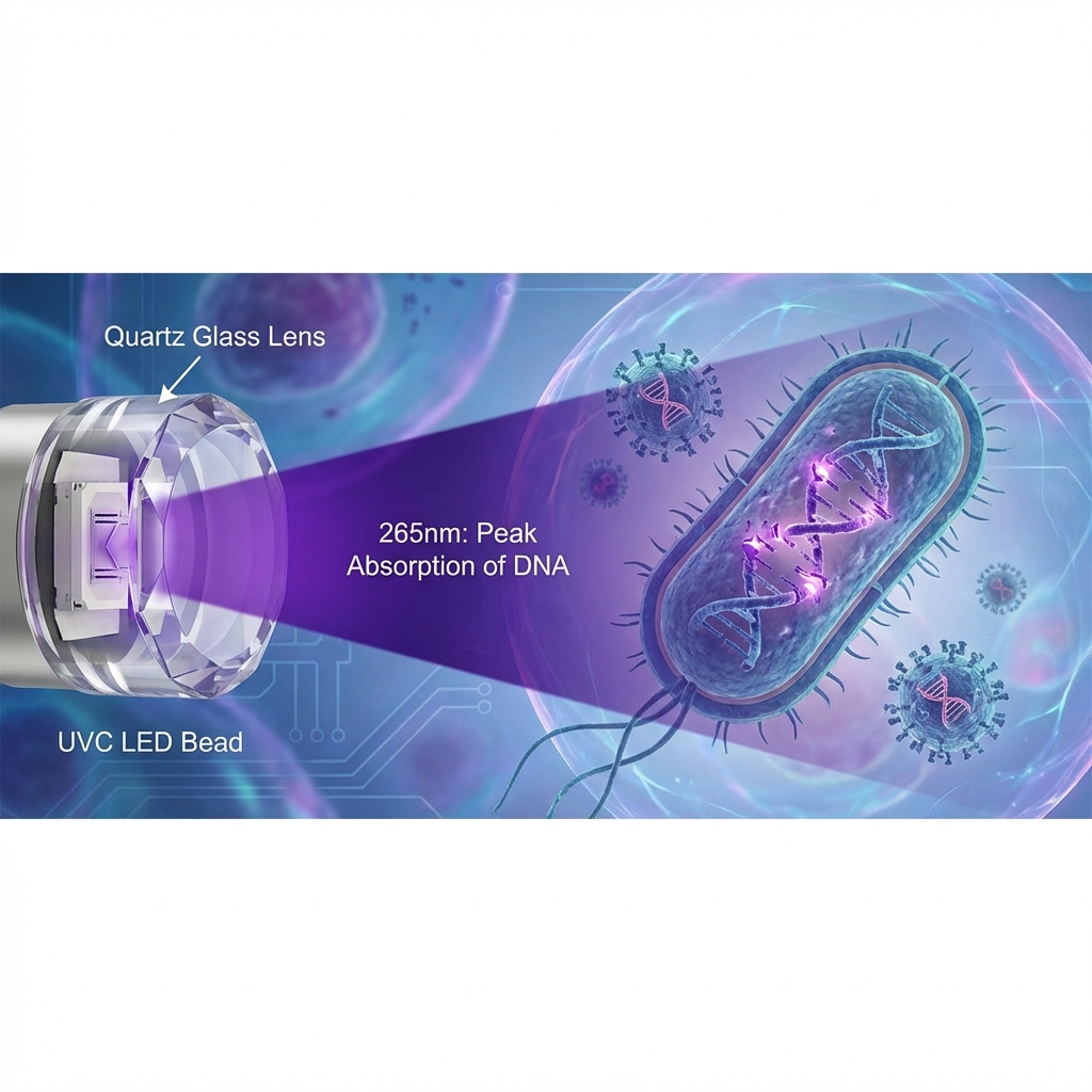 UVC LED杀菌原理图,展示265nm-275nm光束对细菌DNA的破坏作用。