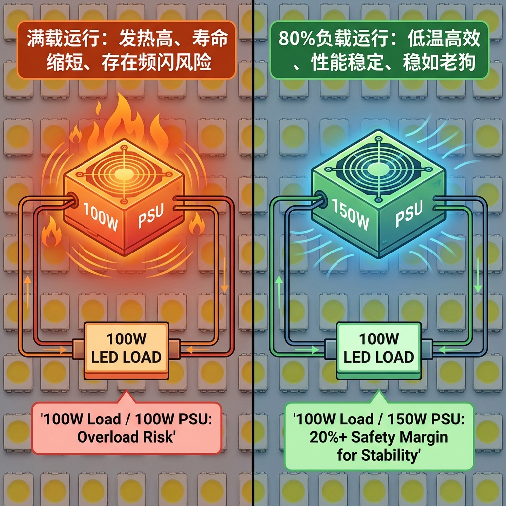 5050 LED电源配置安全余量对比图,展示100W负载下,100W电源满载运行的风险与150W电源80%负载运行的稳定高效。