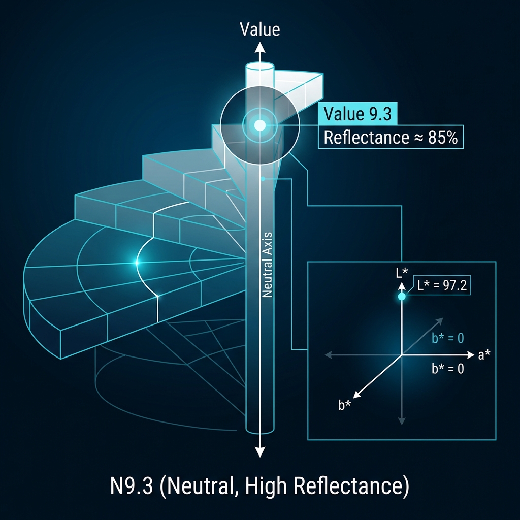 孟塞尔颜色系统的三维模型图，突出N9.3的明度（Value 9.3）和反射率（约85%），并展示其在CIELAB空间中的L*值和中性色特性。