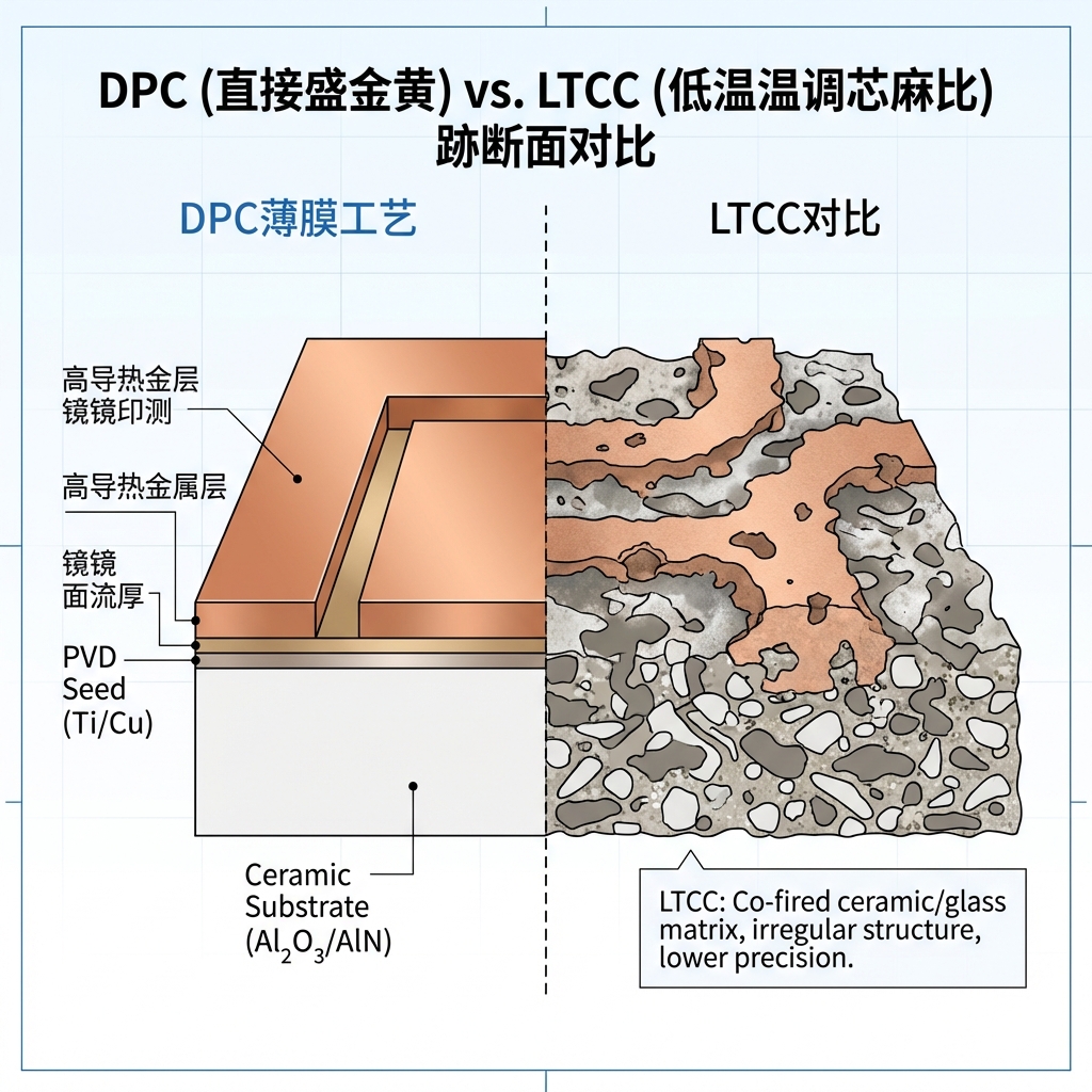 DPC直接镀铜工艺的剖面示意图,展示陶瓷基材、PVD溅射层和电镀铜线路的精密结构,突出其高导热优势