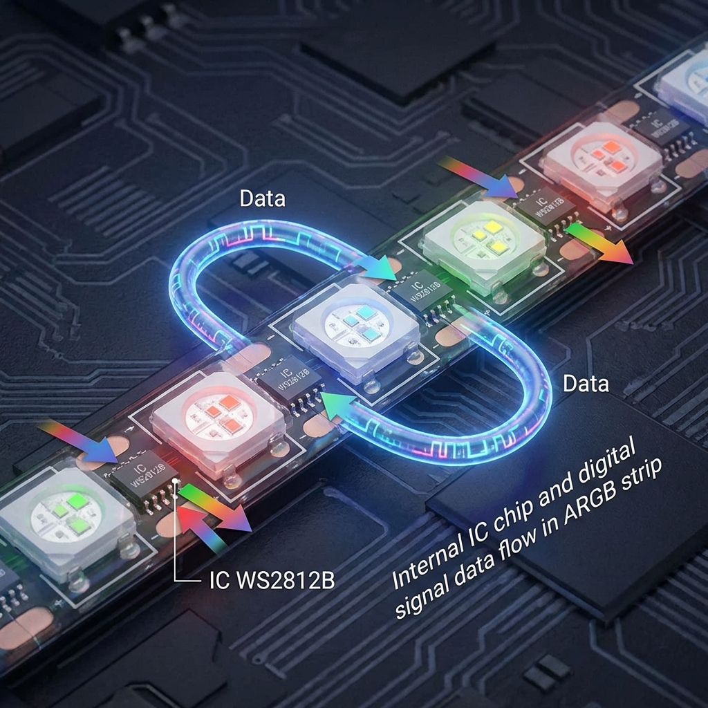 ARGB灯带微距细节，展示每颗LED灯珠旁嵌入的IC芯片以及数据线如何实现独立寻址和像素级色彩控制