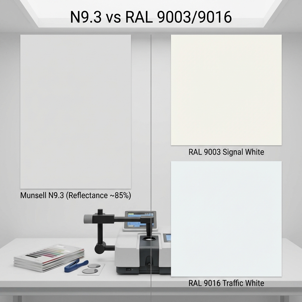 孟塞尔N9.3与劳尔RAL 9003（信号白）和RAL 9016（交通白）的视觉对比，展示了高亮中性灰的微小色差。