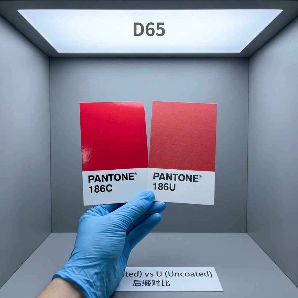 技术人员在D65标准光源箱内对比Pantone 186C（光面铜版纸）与186U（哑光胶版纸）色卡。画面强调同一色号在不同材质后缀下的视觉差异，展现工业对色流程的严谨性。