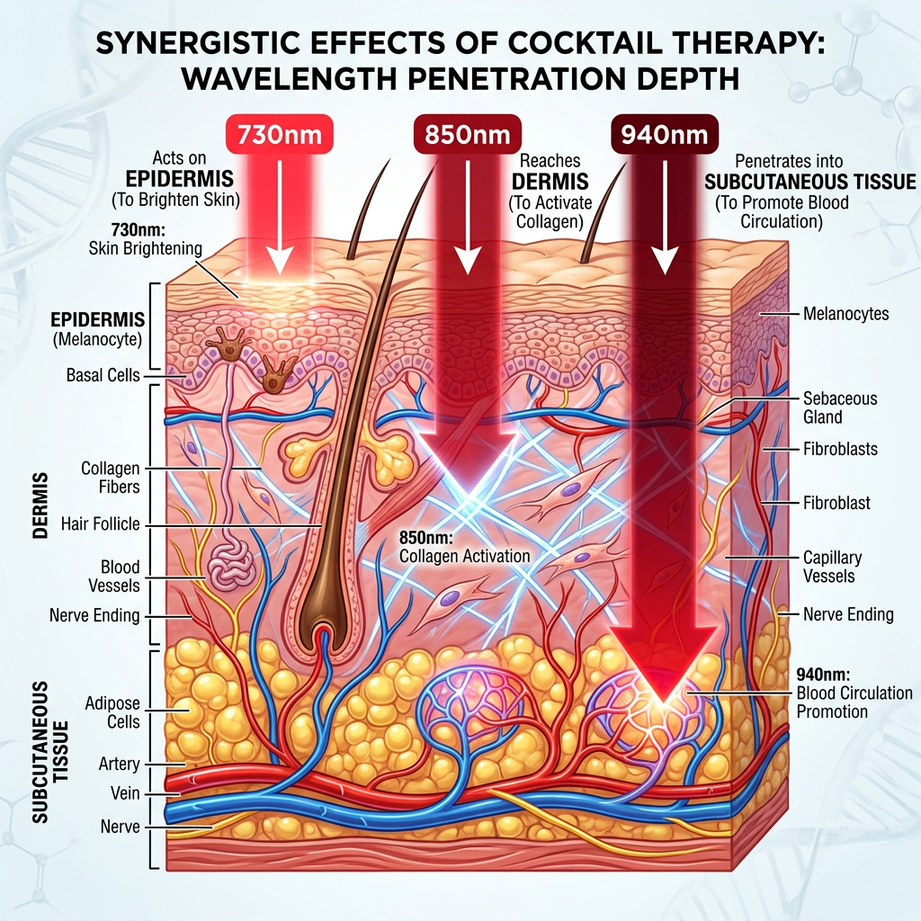 人体皮肤组织横截面示意图,展示850nm、940nm和730nm不同红外光波长在皮肤中的穿透深度及作用,阐释光生物调节原理。