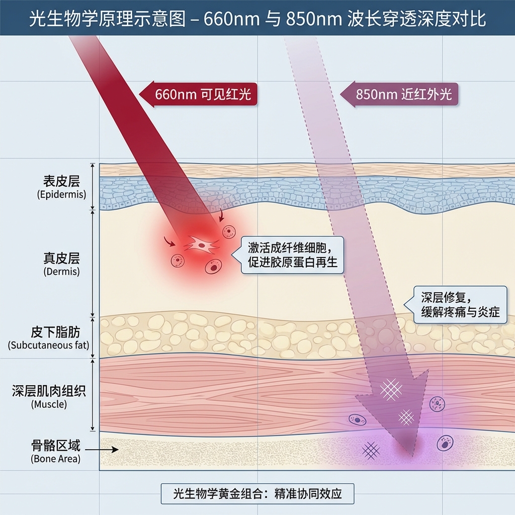 一张专业的光生物学原理示意图,展示660nm与850nm波长在人体组织中的穿透深度对比。660nm红光主要作用于真皮层,而850nm近红外光能深入到肌肉和骨骼区域。