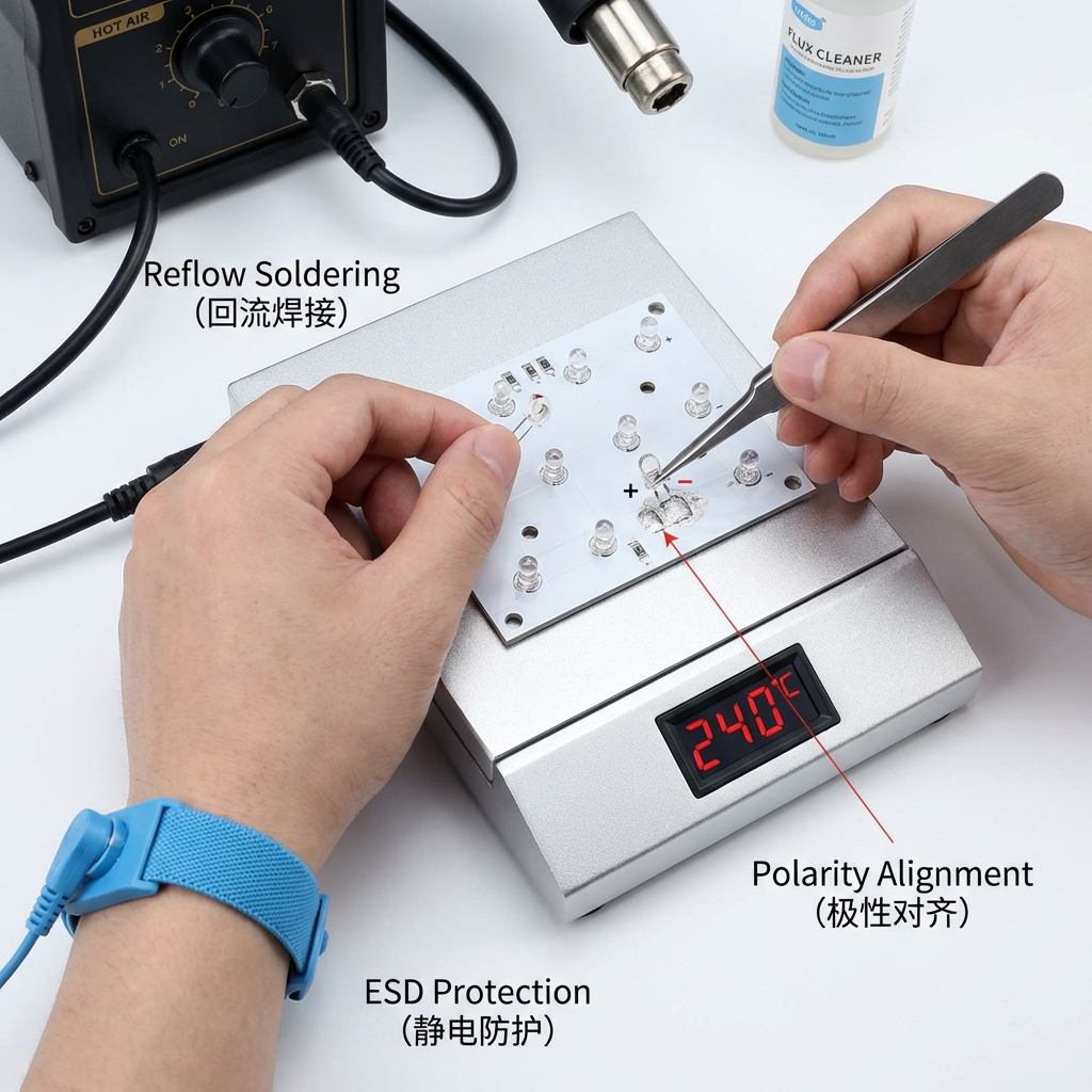 红外灯珠更换过程示意图,显示在恒温加热台上使用镊子和锡膏进行回流焊,强调静电防护和极性对齐的重要性。