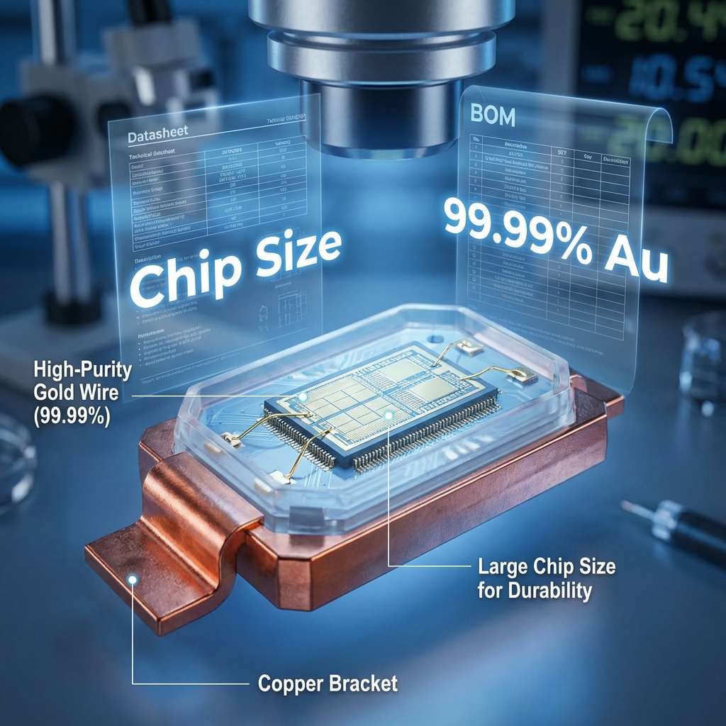 高品质全彩LED灯珠内部结构显微图,展示99.99%纯金线、大尺寸芯片和铜支架,背景为参数书和物料清单。