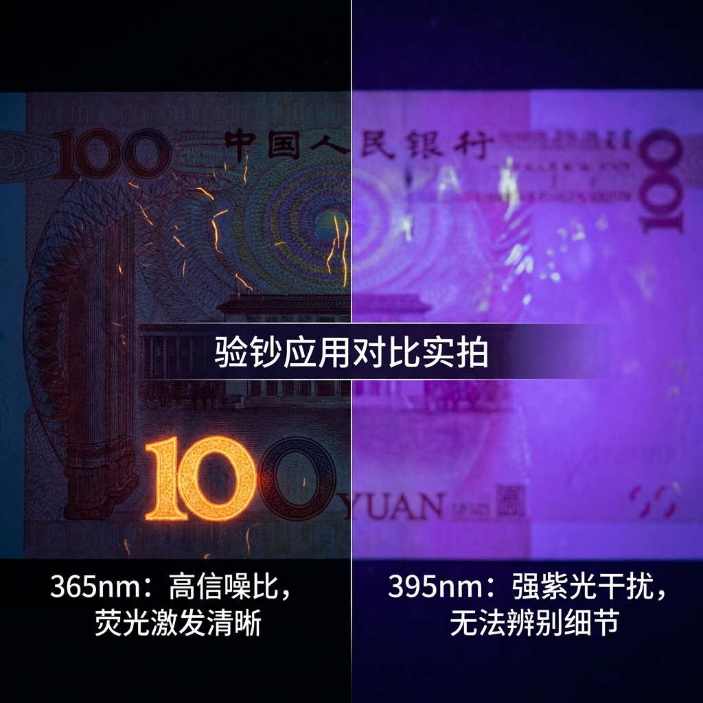 百元人民币荧光验钞效果对比：365nm激发清晰荧光，395nm紫光干扰严重。