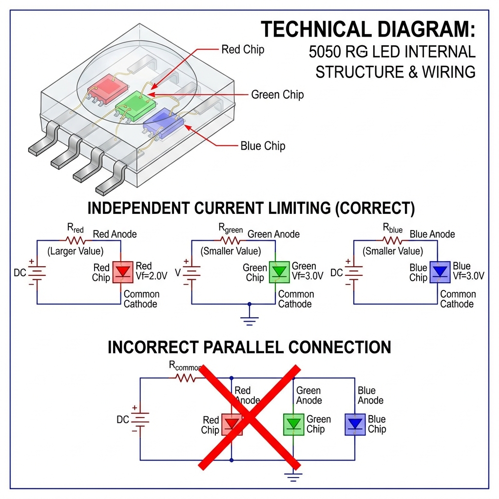 技术示意图：展示 5050 RGB LED 的内部结构，包含红、绿、蓝三个独立发光芯片。图解正确的接线方式：三个引脚分别连接不同阻值的限流电阻。标注红光引脚 Vf=2.0V 需要更大电阻，绿/蓝光引脚 Vf=3.0V 电阻较小。对比展示“独立限流”与“错误并联”的区别。