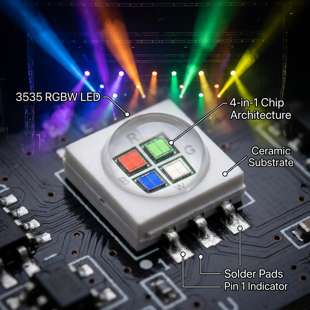 一张LED光源3535RGBW陶瓷灯珠的微距特写图，展示其内部红、绿、蓝、白四色芯片的紧凑排列和洁白陶瓷基板，突显其作为舞台灯核心器件的精密结构。