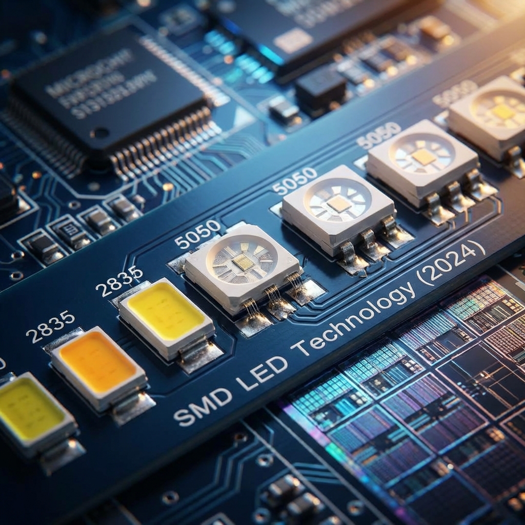 多种型号的贴片LED灯珠(SMD 2835, 5050)整齐排列在深蓝色印刷电路板(PCB)上,通过侧光照明突出金属焊盘细节和紧凑的SMT工艺,体现高精度制造。