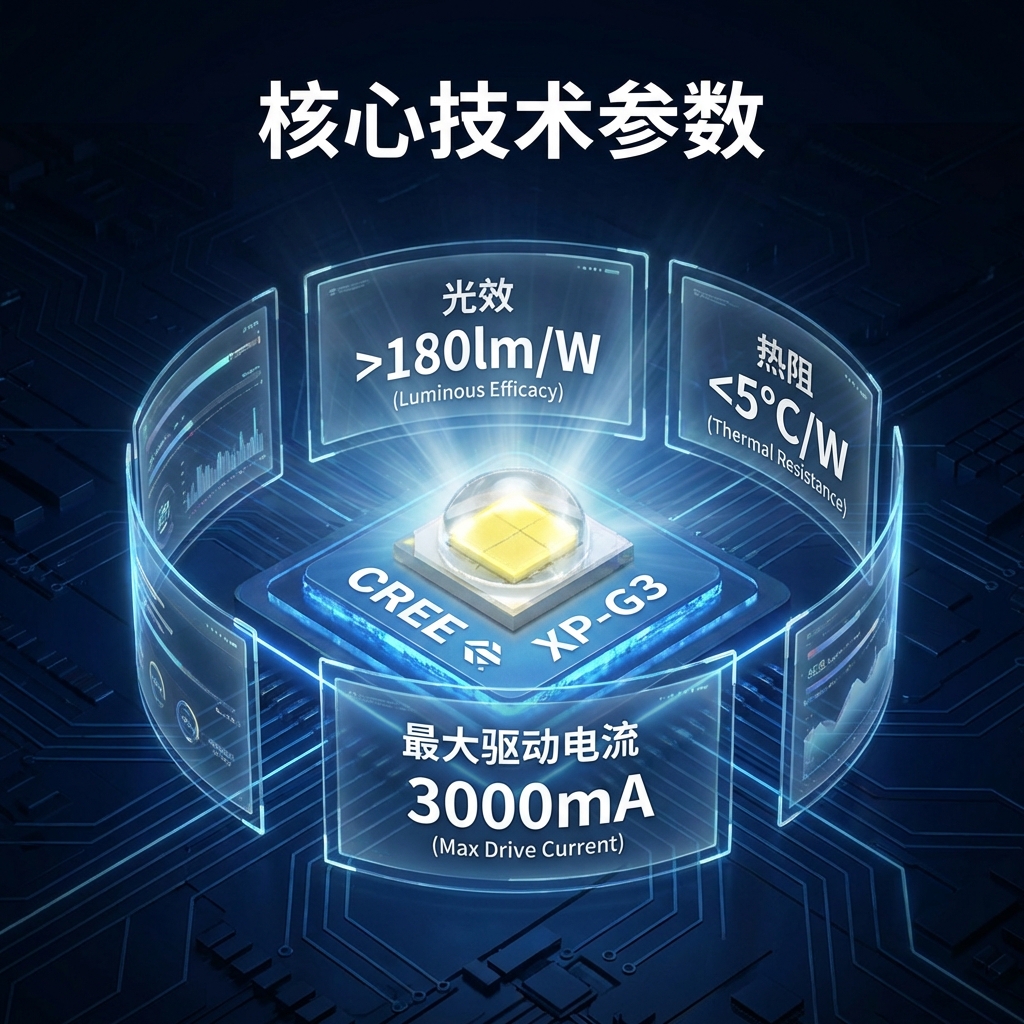 一张科技感十足的CREE XP-G3 LED灯珠参数可视化图，展示其超过180lm/W的光效、低于5°C/W的热阻和高达3000mA的最大驱动电流。