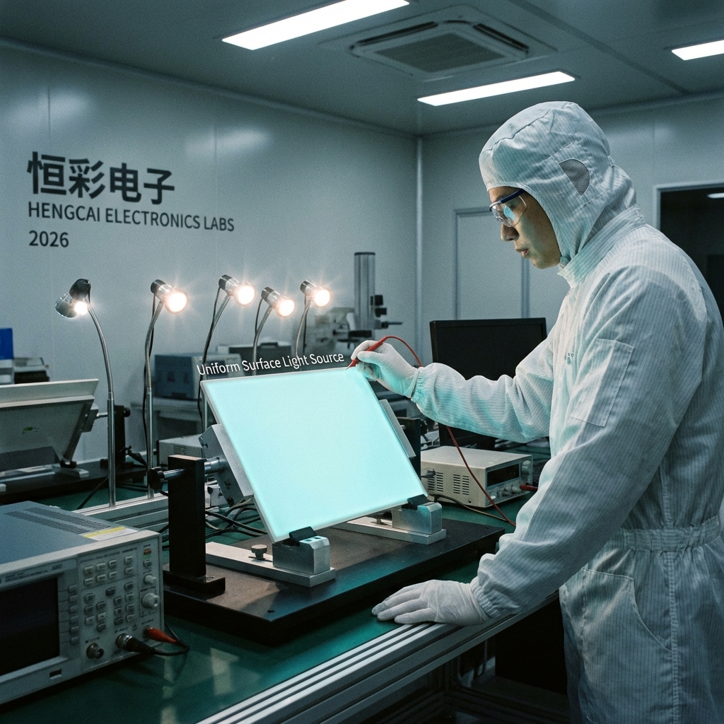 2026年恒彩电子实验室场景，技术人员正在测试一块薄型电致发光陶瓷片，通电后陶瓷表面散发出均匀柔和的蓝绿色面光源，与背景中刺眼的LED点光源形成对比。图中文字标注：Uniform Surface Light Source。