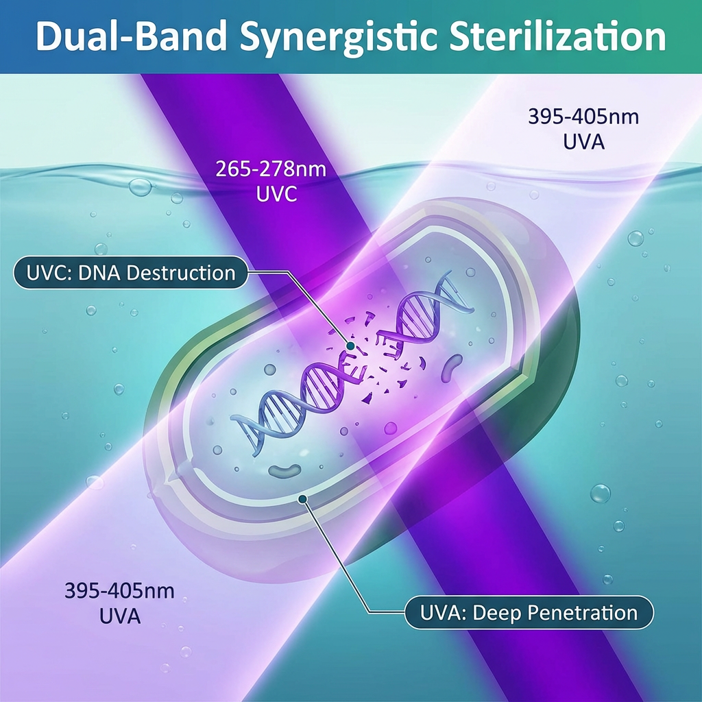 UVC与UVA双波段协同杀菌原理图，展示对细菌DNA破坏及深层穿透效果