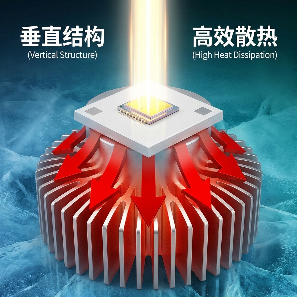 3D渲染图展示垂直结构LED的散热原理，光束笔直向上，红色箭头表示热量通过白色陶瓷基板高效传导至散热片。文字标注：垂直结构，高效散热。