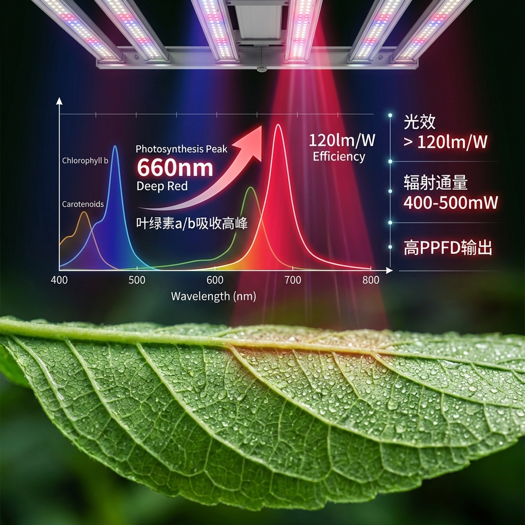 660nm深红光与植物光合作用光谱吸收峰的可视化图,展示其对叶绿素a/b的高效吸收及高光效与辐射通量。