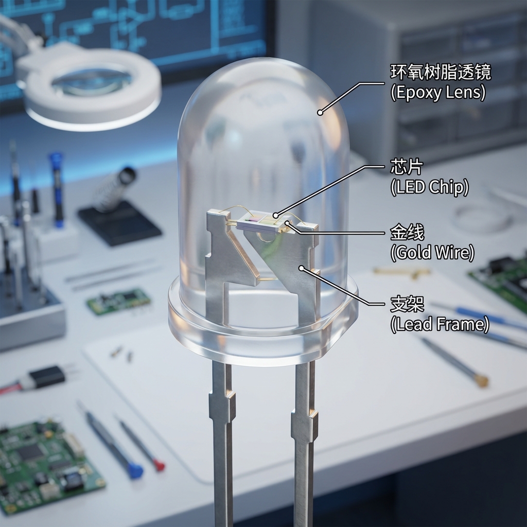 直插LED灯珠内部结构宏观渲染图,展示了环氧树脂透镜、LED芯片、金线和支架等核心部件,解释了DIP封装的工作原理。
