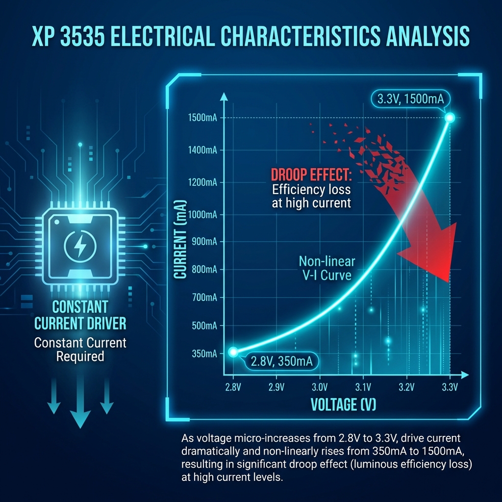 XP 3535 电压-电流非线性曲线图，展示Droop效应和恒流驱动的必要性