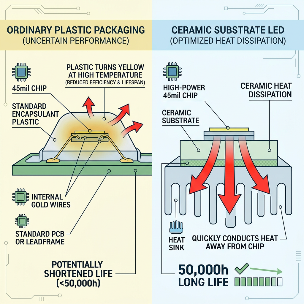 LED3535陶瓷灯珠与普通塑料封装散热对比示意图，强调陶瓷基板高效散热与长寿命优势