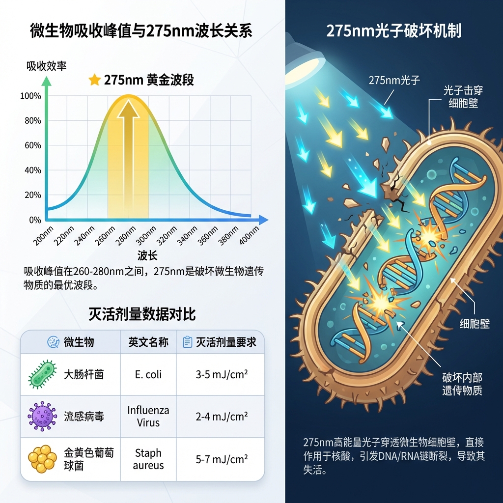 详细的信息图表，展示275nm紫外线波长与微生物DNA吸收峰值的关系，以及不同微生物所需的杀菌辐射剂量