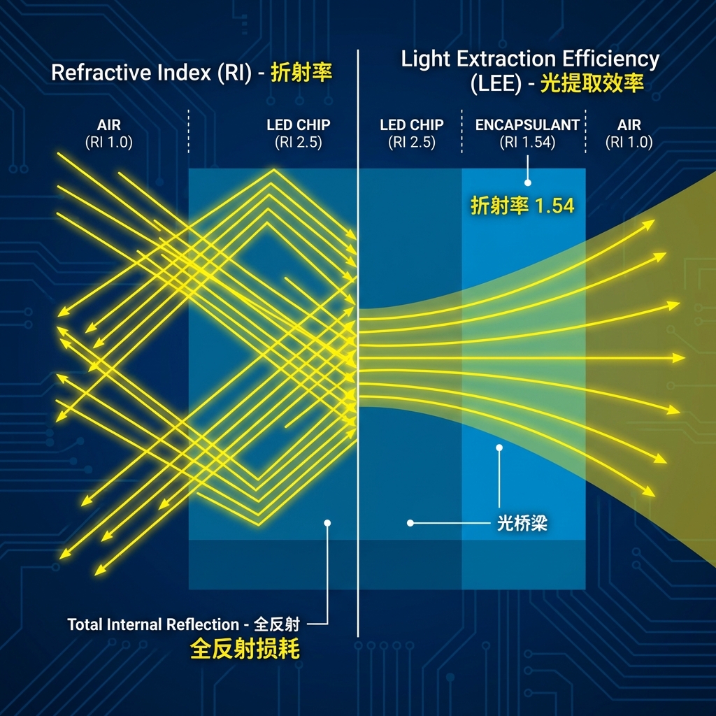 LED封装胶折射率与光提取效率原理示意图，展示高折射率胶水如何通过减少全反射提升光输出。