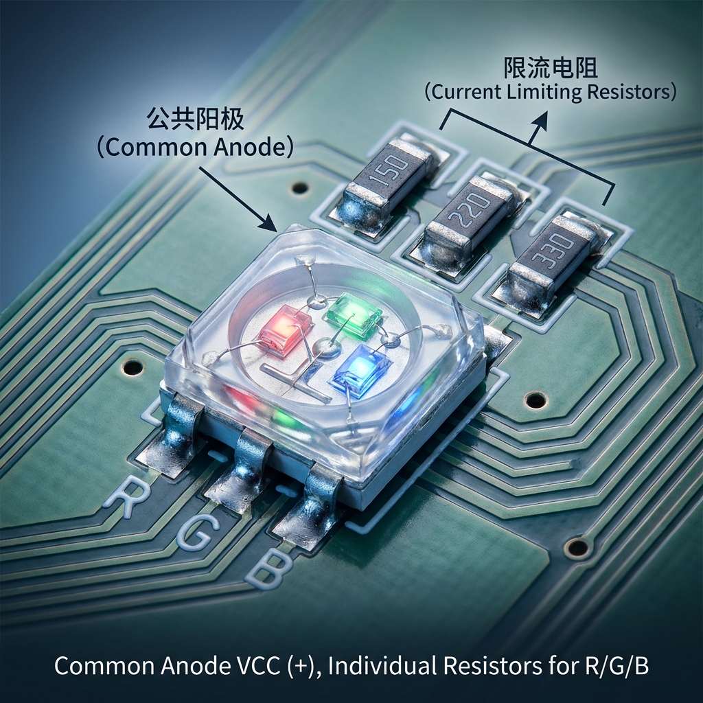 A close-up of a 5050 common anode RGB LED on a PCB, showing the common anode VCC(+) and three individual current-limiting resistors for the R, G, and B channels.