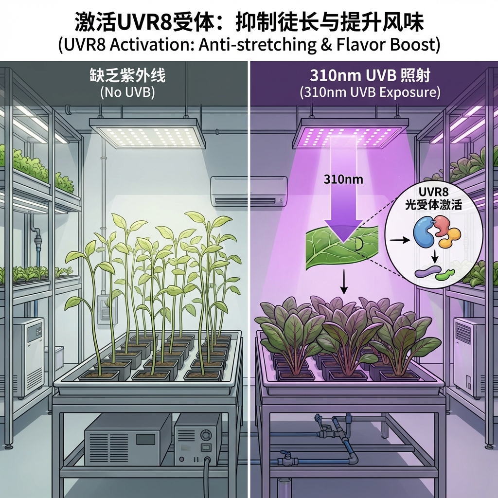 对比展示图,呈现植物工厂内310nm UVB对植物形态的调控。左侧植物在缺乏紫外线下显得细长徒长,右侧在310nm照射下茎干粗壮、叶片肥厚且色泽浓郁。画面中悬挂着专业的LED补光灯具,光束精准覆盖植物冠层,并示意UVR8光受体的激活过程。文字标注:'激活UVR8受体:抑制徒长与提升风味 (UVR8 Activation: Anti-stretching & Flavor Boost)'。