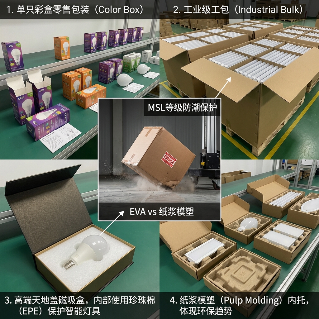LED灯多种包装方式及内托技术对比，包括彩盒、工业工包、天地盖盒与纸浆模塑内托，并展示跌落测试过程