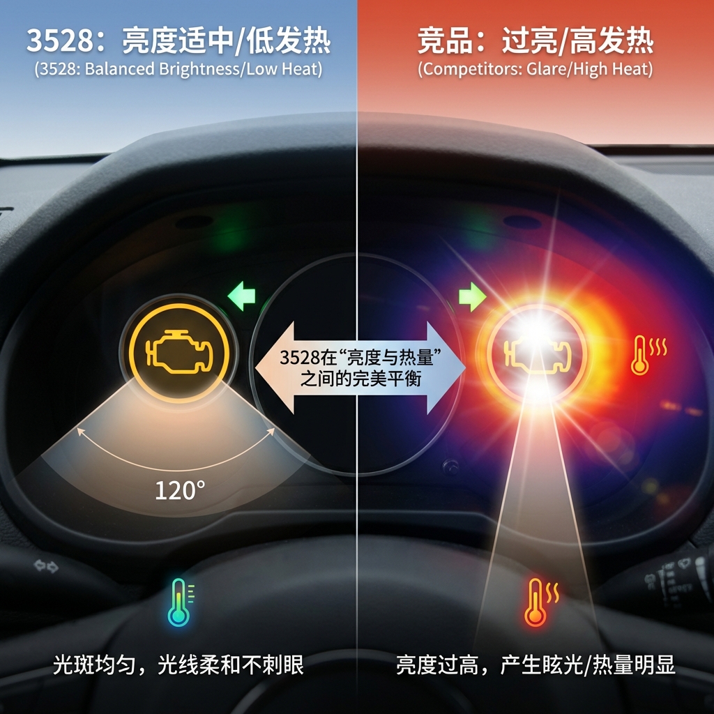 对比图:3528 LED灯珠在汽车仪表盘上亮度适中且低发热,而大功率竞品则可能过亮并产生高热。