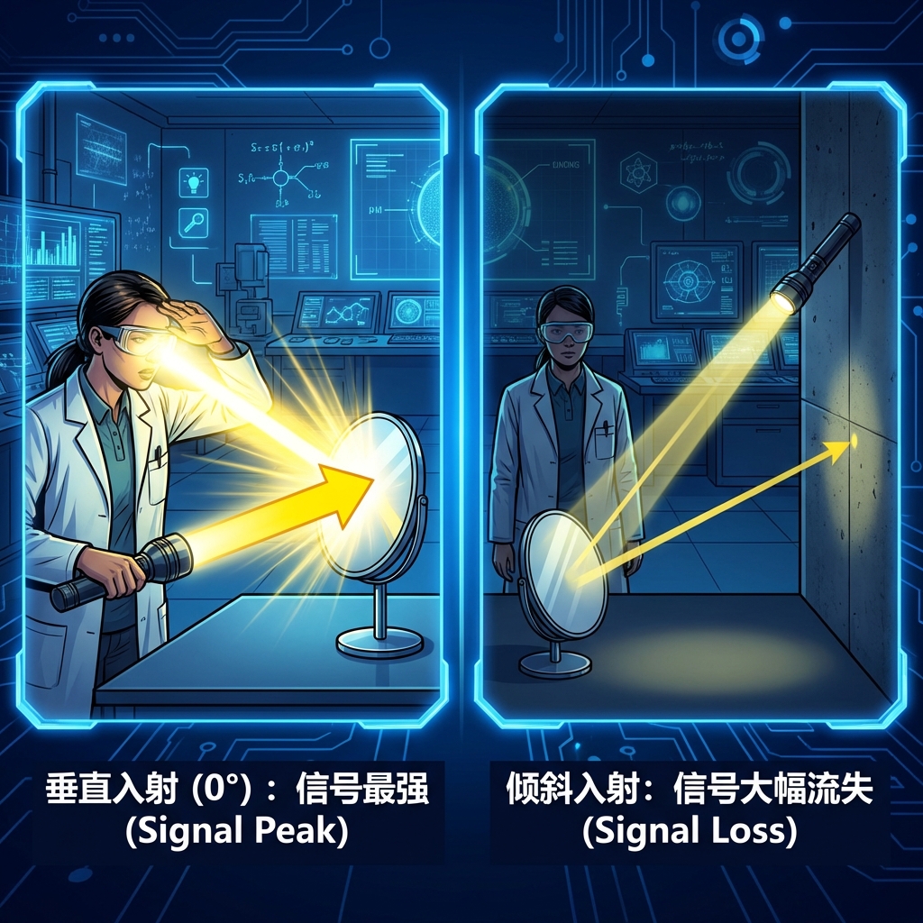 手电筒照镜子示意图：垂直入射信号强，倾斜入射信号弱