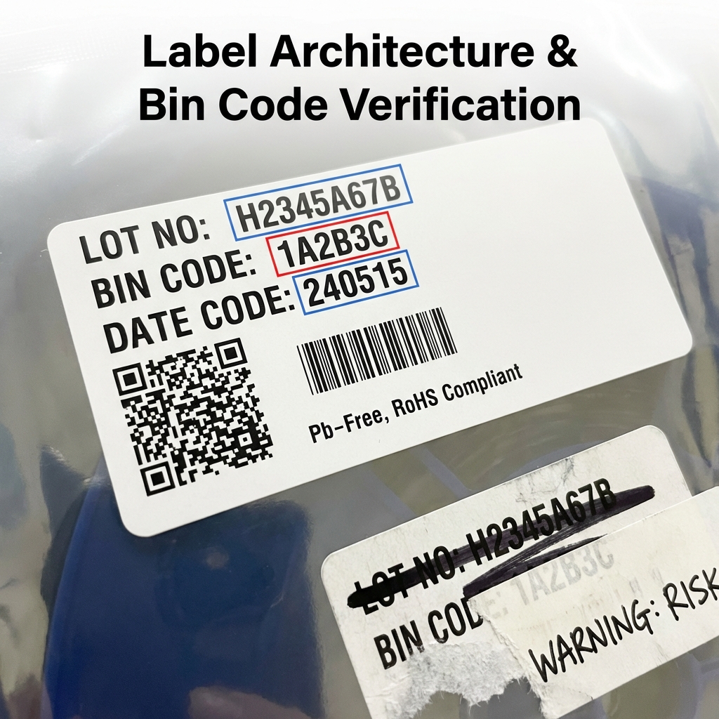 显示芯片外包装标签的关键信息，包括批次号（Lot No）、分光分色码（Bin Code）和生产日期（Date Code），以及涂改或重贴标的风险警示。