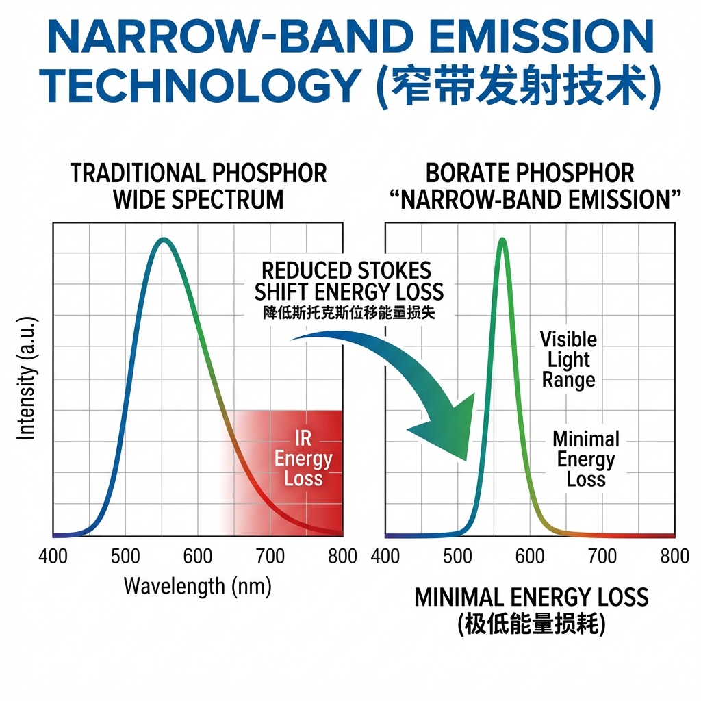 光谱对比图：传统宽光谱与硼酸盐窄带发射减少斯托克斯位移导致的能量损失