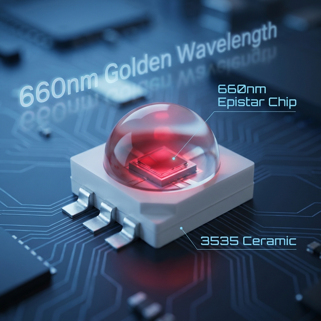 晶元芯片3535陶瓷红光660nm灯珠的微距特写,展现其洁白陶瓷基板与发出纯净660nm红光的Epistar芯片。