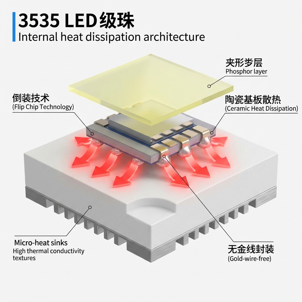 3535灯珠内部3D剖面结构图，展示倒装芯片、无金线连接和陶瓷基板的高效散热路径。