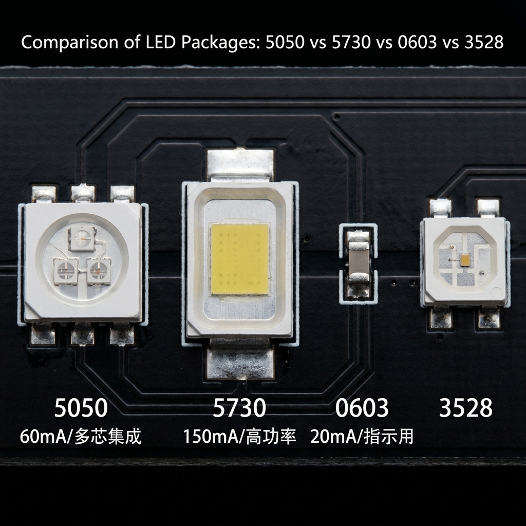 5050与5730、0603、3528封装规格对比微距图（标注典型电流与封装差异）