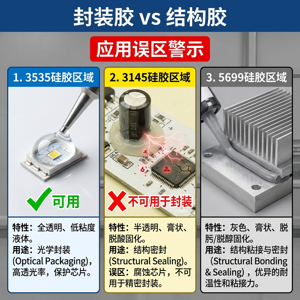 封装胶 vs 结构胶 (Packaging vs. Structural Silicone) 与 应用误区警示 (Application Misconception Warning)
