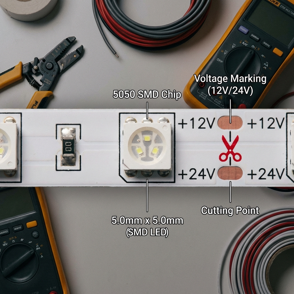一张高清特写图，展示5050 LED灯带的细节，包括5050 LED芯片、12V/24V电压标识、剪切点以及旁边的剥线钳和万用表。