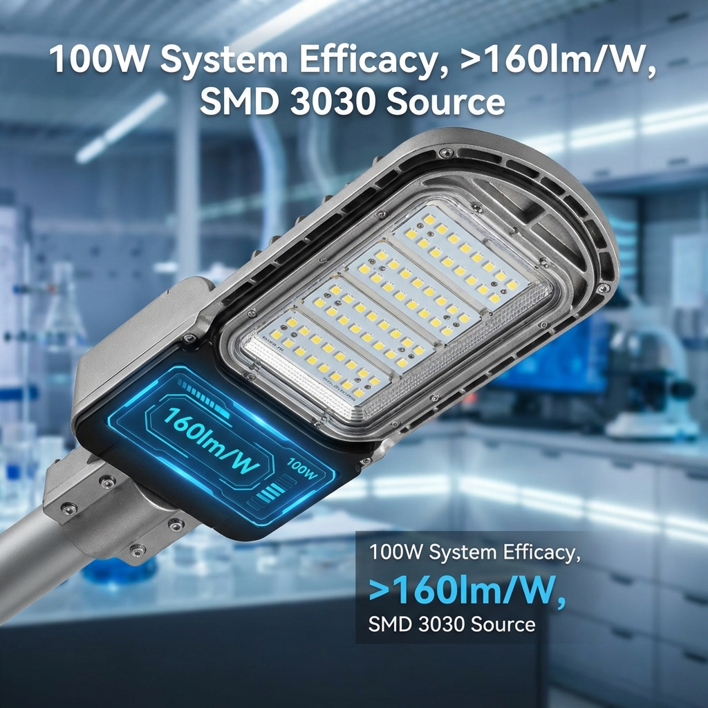 100W LED路灯灯头展示,屏幕显示160lm/W光效,灯具内部可见排列整齐的SMD 3030灯珠
