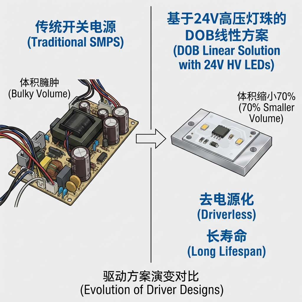 驱动方案演变对比图,左侧是体积臃肿的传统开关电源,右侧是基于24V高压灯珠的DOB线性方案,突出高压灯珠带来的电路小型化和“去电源化”变革。