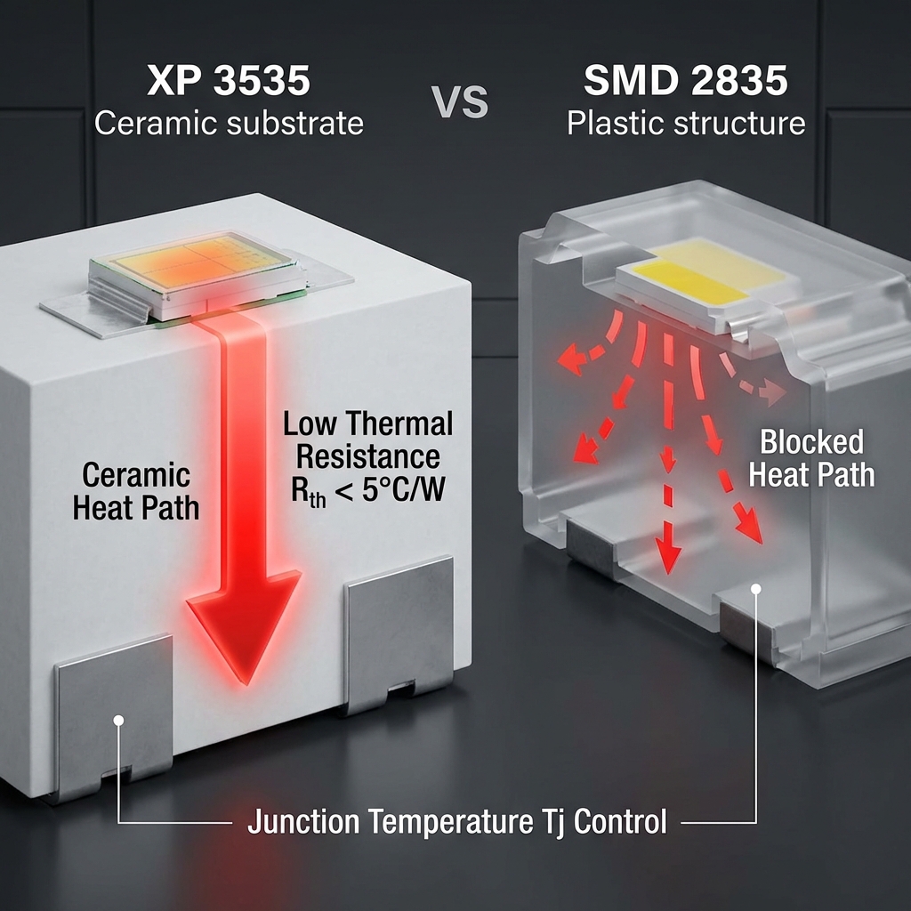 XP 3535 陶瓷基板与普通SMD对比热管理剖面图